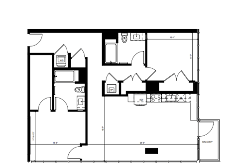 Floor plan for 2 beds, 2 baths, 1308 sqft